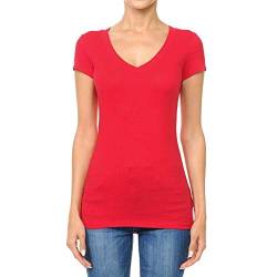 Khanomak Damen Kurzarm V-Ausschnitt Casual Basic Tee Tank T-Shirt - Rot - Mittel von Khanomak