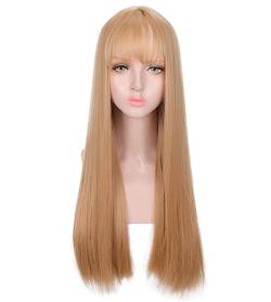 Damen-Perückenkopf-Set, langes glattes Haar, 65 cm, gerade Fransen, Hochtemperaturseide, weiches Haar Modedekoration von KiHene