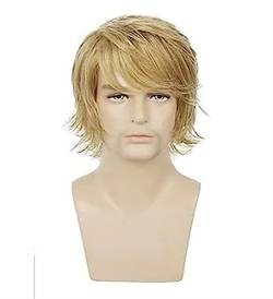 Herren-Perücke, Kopfbedeckung, Stil, goldener Flip, kurzes, lockiges Haar, schräge Fransen, Chemiefaser-Perücke Modedekoration (Color : 1, Size : 1) von KiHene