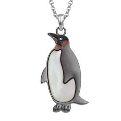 Kiara Jewellery Kaiser Penguin Pendant Necklace Inlaid With Mother of Pearl on 18" Trace Chain. Rhodium Style Plating von Kiara Jewellery