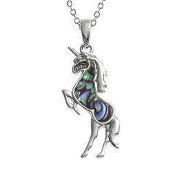 Kiara Schmuck Einhorn Anhänger Halskette mit natürlichem grün und blau intarsiert Paua Abalone Shell auf 45,7 cm Trace Kette. Rhodiniert, Anlauf Geschützt. von Kiara Jewellery