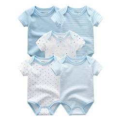 Kiddiezoom Baby-Body, Hose, Kleinkinder-Einteiler, Bekleidungs-Sets für Jungen und Mädchen aus Baumwolle, Mützen, Kratzfäustlinge Gr. 50, 5er-Pack Himmelblaue Bodys von Kiddiezoom