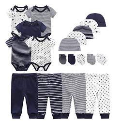 Kiddiezoom Baby-Body, Hose, Kleinkinder-Einteiler, Bekleidungs-Sets für Jungen und Mädchen aus Baumwolle, Mützen, Kratzfäustlinge Gr. 56, Dunkelblau gestreift & kleine Sterne & Druck-19-Set von Kiddiezoom