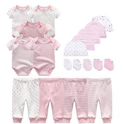 Kiddiezoom Baby-Body, Hose, Kleinkinder-Einteiler, Bekleidungs-Sets für Jungen und Mädchen aus Baumwolle, Mützen, Kratzfäustlinge Gr. 56, Rosa Streifen & kleine Sterne & Druck-19-Set von Kiddiezoom