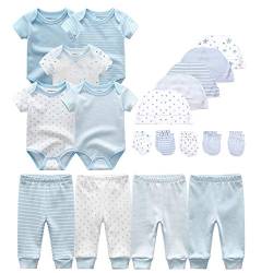 Kiddiezoom Baby-Body, Hose, Kleinkinder-Einteiler, Bekleidungs-Sets für Jungen und Mädchen aus Baumwolle, Mützen, Kratzfäustlinge Gr. 74(9 monate), Himmelblau gestreift & kleine Sterne & Druck-19-Set von Kiddiezoom