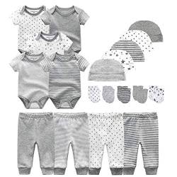 Kiddiezoom Baby-Body, Hose, Kleinkinder-Einteiler, Bekleidungs-Sets für Jungen und Mädchen aus Baumwolle, Mützen, Kratzfäustlinge Gr. 80, Graue Streifen & kleine Sterne & Druck-19-Set von Kiddiezoom