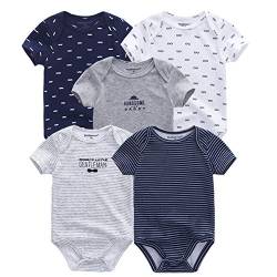 Kiddiezoom Baby-Bodys 5er-Pack, kurzärmelige Strampler für Jungen und Mädchen, Schlafanzug, Sommer, Baumwolle Gr. 80, 5er-Pack Streifen/Hut von Kiddiezoom