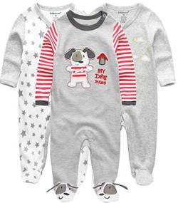 Kiddiezoom Baby Jungen Pyjama, eng-anliegend mit integrierten Schuhen, langarm, Baumwolle Gr. 50, Grauer Hund & Stern von Kiddiezoom