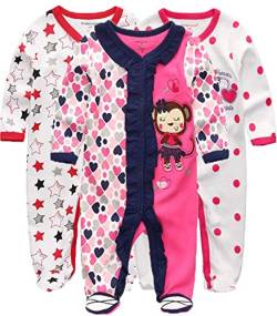 Kiddiezoom Baby Jungen Pyjama, eng-anliegend mit integrierten Schuhen, langarm, Baumwolle Gr. 6-9 Monate, Rosa Sterne & Herzen & Affen von Kiddiezoom