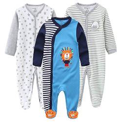 Kiddiezoom Baby Jungen Pyjama, eng-anliegend mit integrierten Schuhen, langarm, Baumwolle Gr. 80, Grauer Bär & Stern & Hellblauer Löwe von Kiddiezoom