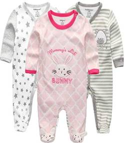 Kiddiezoom Baby Jungen Pyjama, eng-anliegend mit integrierten Schuhen, langarm, Baumwolle Gr. 80, Rosa Kaninchen & Stern & gestreifter Bär von Kiddiezoom