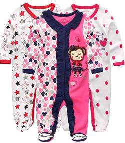 Kiddiezoom Baby Jungen Pyjama, eng-anliegend mit integrierten Schuhen, langarm, Baumwolle Gr. 80, Rosa Sterne & Herzen & Affen von Kiddiezoom