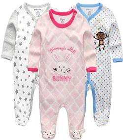 Kiddiezoom Baby Jungen Strampler Snug Fit Fußed Baumwolle Pyjama Langarm Onsize Schlafanzug Gr. 6-9 Monate, Rosa Kaninchen & Stern & gestreifter Affe von Kiddiezoom