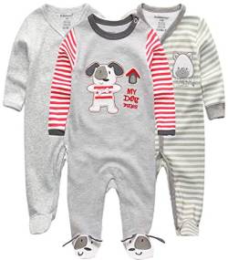 Kiddiezoom Baby Jungen Strampler Snug Fit Fußed Baumwolle Pyjama Langarm Onsize Schlafanzug Gr. 80, Grauer Hund & gestreifter Bär von Kiddiezoom