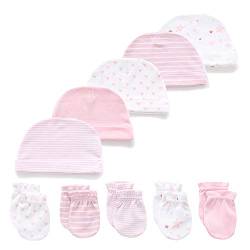 Kiddiezoom Mütze, Fäustlinge für Babys, Jungen, Mädchen, weiche Baumwolle 10er Pack, Kratzfäustling, Pink Set, M von Kiddiezoom