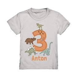 Dino Geburtstagsshirt Personalisiert T-Shirt mit Name 3 4 5 6 7 Geburtstag Jungen Dinosaurier Kindergeburtstag Motto Outfit (Ash (Heather), 110/116 (5-6 J.)) von Kiddle-Design