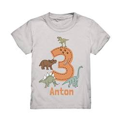 Dino Geburtstagsshirt Personalisiert T-Shirt mit Name 3 4 5 6 7 Geburtstag Jungen Dinosaurier Kindergeburtstag Motto Outfit (Ash (Heather), 98/104 (3-4 J.)) von Kiddle-Design