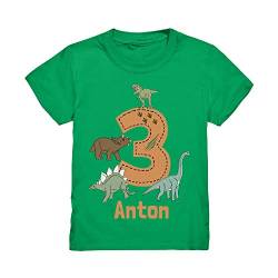 Dino Geburtstagsshirt Personalisiert T-Shirt mit Name 3 4 5 6 7 Geburtstag Jungen Dinosaurier Kindergeburtstag Motto Outfit (Kelly Grün, 110/116 (5-6 J.)) von Kiddle-Design