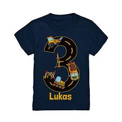 Kiddle-Design Baustelle Geburtstagsshirt mit Name Personalisiert T-Shirt 3 4 5 6 7 8 Geburtstag Jungen Bagger Kran Baumeister Kindergeburtstag Motto Outfit (Navy, 98/104 (3-4J.)) von Kiddle-Design