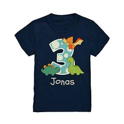 Kiddle-Design Dino Geburtstagsshirt mit Name Personalisiert T-Shirt 3 4 5 6 7 Geburtstag Jungen Dinosaurier Kindergeburtstag Motto Outfit (Navy, 98/104 (3-4 J.)) von Kiddle-Design