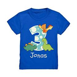 Kiddle-Design Dino Geburtstagsshirt mit Name Personalisiert T-Shirt 3 4 5 6 7 Geburtstag Jungen Dinosaurier Kindergeburtstag Motto Outfit (Royal Blau, 98/104 (3-4 J.)) von Kiddle-Design