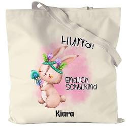 Kiddle-Design Hurra Endlich Schulkind Jutebeutel Personalisierte Tasche zum Schulanfang Junge Mädchen Einschulungsgeschenk Erster Schultag Hase von Kiddle-Design