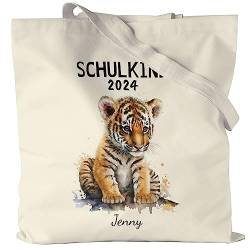 Kiddle-Design Schulkind 2024 Jutebeutel Personalisierte Tasche zum Schulanfang Junge Mädchen Einschulungsgeschenk Erster Schultag Tiger von Kiddle-Design