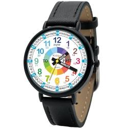 Kiddus Lern Armbanduhr für Kinder, Jungen und Mädchen. Analoge Armbanduhr mit Zeitlernübungen. Time Teacher. English PU Leather Black von Kiddus