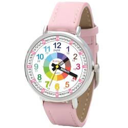 Kiddus Lern Armbanduhr für Kinder, Jungen und Mädchen. Analoge Armbanduhr mit Zeitlernübungen. Time Teacher. Italiano Pelle PU Rosa von Kiddus