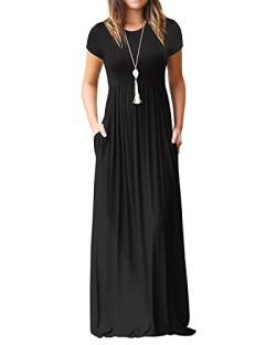 Kidsform Maxi Kleid Damen Casual Sommerkleid Kurzarm Lange Kleid Mit Tasche Lose Strandkleider HoheTaille A-Schwarz 2XL von Kidsform