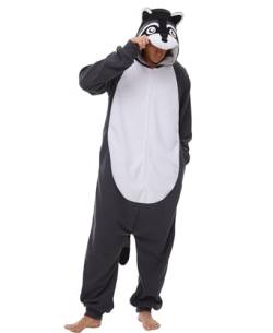 Kidukso Erwachsene Waschbär Jumpsuit Lustiges Tier Einteiler Schlafanzug Halloween Karneval Cosplay Kostüm, Grau M von Kidukso