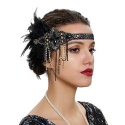 1920er Jahre Flapper Haarband, 1920er Jahre Flapper Stirnband Vintage Feder Kristall Haarband ​20er Jahre Kopfschmuck Kleid Accessoires für Frauen Mädchen Party Karneval Accessoires (Black, One Size) von Kielsjajd
