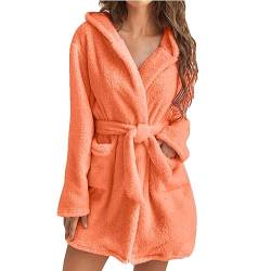 Bademantel Damen Morgenmantel mit Kapuze, Winter Bademantel weicher Flanell Bademantel Damen Saunamantel Nachtwäsche mit Kapuze flauschiger Morgenmantel Lange Ärmel Hausmantel für Damen (Orange, S) von Kielsjajd