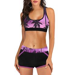 Bikini Damen Sport Push Up Oberteil Polster Badeanzug Zweiteiler Frauen Shorts Bikini Set Pads Strand Schwimmen Bademode 2 Teilig Damen Tankini Set zweiteilig Bauchweg mit Hot Pants (Purple-2, L) von Kielsjajd