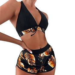 Damen 3 Packe Bikini Sets Neckholder Badebode 3-Teiliger Swimwear Bikini Set Badehose mit Tropenmuster Damen Mehrfarbig Tankini mit Oberteile und Badeshorts Einfarbig Bikini Badeanzug (A-011, XL) von Kielsjajd