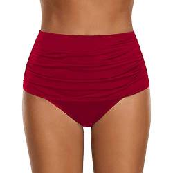 Damen Basic Bauchweg Bikinihose Badehose in einfarbigen Farben für Frauen Bikini Hose High Waist Bikinihose Hoher Taille Schwimmen Slip Hoch Taillierte Gerüschter Optik Bauchkontrolle (A12 Red, M) von Kielsjajd
