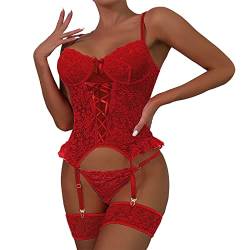 Damen Dessous Sexy Set Unterwäsche BH V Ausschnitt Plus Size Bra Reizwäsche Body Suit Lingerie Outfit mit Tanga Unterwäsche Damen Spitzen Push Up BH Sets Panties Zweiteiliger Nachtwäsche (Red #3, S) von Kielsjajd