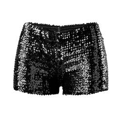 Damen Pailletten Glitzer Shorts, Pailletten Shorts, Solide Schwarze Glitzer Shorts Hohe Taille Elastisch Shorts Pailletten Schwarze Glitzer-Party-Shorts Rave Outfits Gerade Pailletten-Shorts für Damen von Kielsjajd