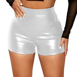 Damen Shorts Wetlook High Waist Kurze Lederhose Skinny Lederoptik Leggins Hose Hotpants Damen Sexy Shorts Glanz Hohe Taille PU Kurze Hose Push up Kunstlederhose Damen PU Shorts (White-2, L) von Kielsjajd