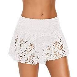 Damen Spitze Baderock mit Innenslip High Waist Strandrock Bauchweg Transparent Schwimmrock Basic Badebekleidung Damen Baderock Bikini Rock Badeshorts Schwimmrock (1-White, M) von Kielsjajd