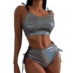 Damen Zweiteilige Rave-Outfits Sexy Reflektierende Rückenfreie Tank Tops und Shorts Set für Tanzfest Bikini Rave Festival Party Mode Clubwear Wickeloptik Lace Up Bikini Spaghetti-Trägern (Grey, S) von Kielsjajd