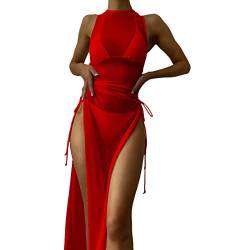 Durchsichtiges Strandkleid Sexy für Damen Schwarz Kleid Minirock Bikini Cover Up Halbtransparentes Feines Netz Rundhalsausschnitt Minikleid Netz Shirt Strandkleid Sommertop (2-Red, XL) von Kielsjajd