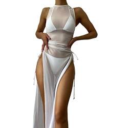 Durchsichtiges Strandkleid Sexy für Damen Schwarz Kleid Minirock Bikini Cover Up Halbtransparentes Feines Netz Rundhalsausschnitt Minikleid Netz Shirt Strandkleid Sommertop (2-White, XXL) von Kielsjajd