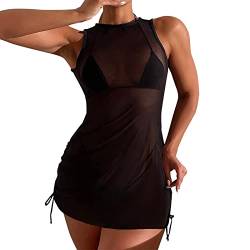 Durchsichtiges Strandkleid Sexy für Damen Schwarz Kleid Minirock Bikini Cover Up Halbtransparentes Feines Netz Rundhalsausschnitt Minikleid Netz Shirt Strandkleid Sommertop (A-013, L) von Kielsjajd