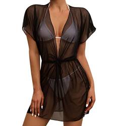 Durchsichtiges Strandkleid Sexy für Damen Schwarz Kleid Minirock Bikini Cover Up Halbtransparentes Feines Netz Rundhalsausschnitt Minikleid Netz Shirt Strandkleid Sommertop (Black-2, M) von Kielsjajd