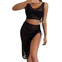 Durchsichtiges Strandkleid Sexy für Damen Schwarz Kleid Minirock Bikini Cover Up Halbtransparentes Feines Netz Rundhalsausschnitt Minikleid Netz Shirt Strandkleid Sommertop (Black-B, M) von Kielsjajd