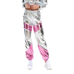 Frauen Hohe Taille Metallic Shiny Hip-Hop Jogginghose Jogger Holographische Farbe Streetwear Hosen Metallic Hosen Shiny Lose Hosen Damenleggings, glänzend, metallisch, Sportleggings (A-023, L) von Kielsjajd