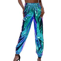 Frauen Hohe Taille Metallic Shiny Hip-Hop Jogginghose Jogger Holographische Farbe Streetwear Hosen Metallic Hosen Shiny Lose Hosen Damenleggings, glänzend, metallisch, Sportleggings (Blue #1, XL) von Kielsjajd