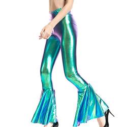 Frauen Hohe Taille Metallic Shiny Hip-Hop Jogginghose Jogger Holographische Farbe Streetwear Hosen Metallic Hosen Shiny Lose Hosen Damenleggings, glänzend, metallisch, Sportleggings (Blue #2, S) von Kielsjajd