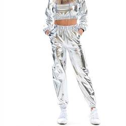 Frauen Hohe Taille Metallic Shiny Hip-Hop Jogginghose Jogger Holographische Farbe Streetwear Hosen Metallic Hosen Shiny Lose Hosen Damenleggings, glänzend, metallisch, Sportleggings (Silver, L) von Kielsjajd